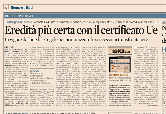 EREDITA' - Successione internazionale - Certificato successorio europeo (Articolo)