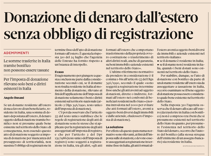 DONAZIONE ALL'ESTERO - Quando non c'è obbligo di registrazione in Italia