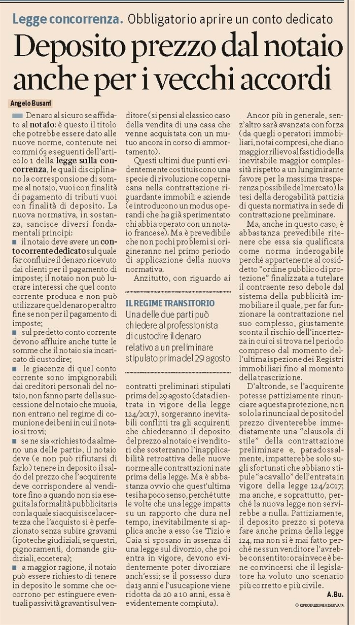 COMPRAVENDITA - Deposito prezzo a mani del notaio