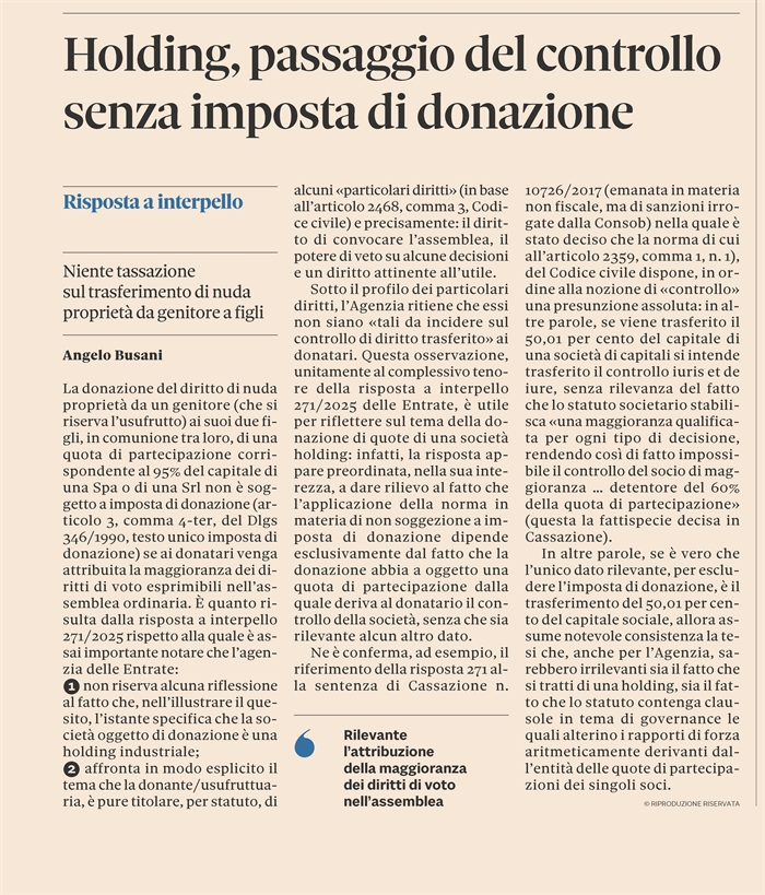 IMPOSTA DI DONAZIONE - Esente la donazione della holding