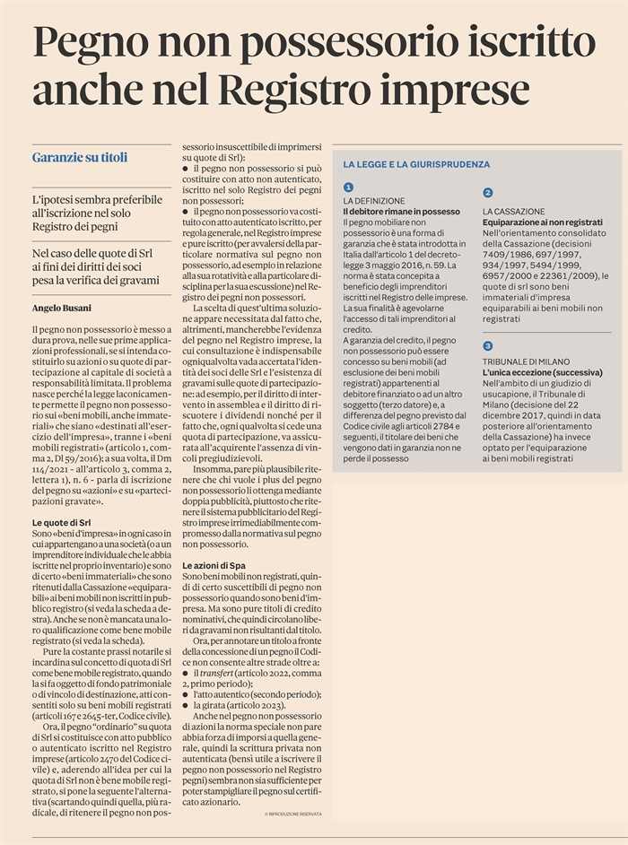 PEGNO NON POSSESSORIO - Dubbi per le quote di Srl