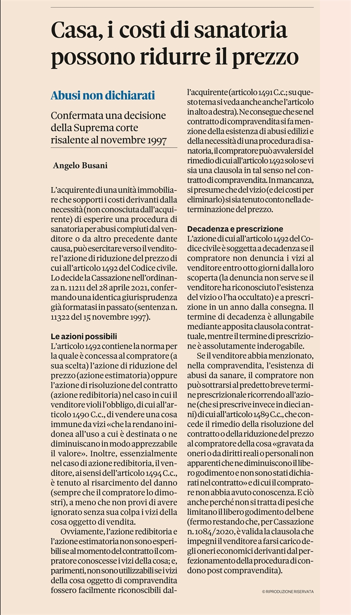 COMPRAVENDITA - Dei costi di sanatoria è responsabile il venditore