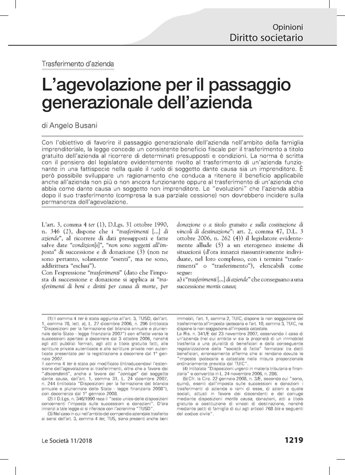 IMPOSTA DI SUCCESSIONE E DONAZIONE - L'agevolazione per il passaggio generazionale delle aziende (individuali)