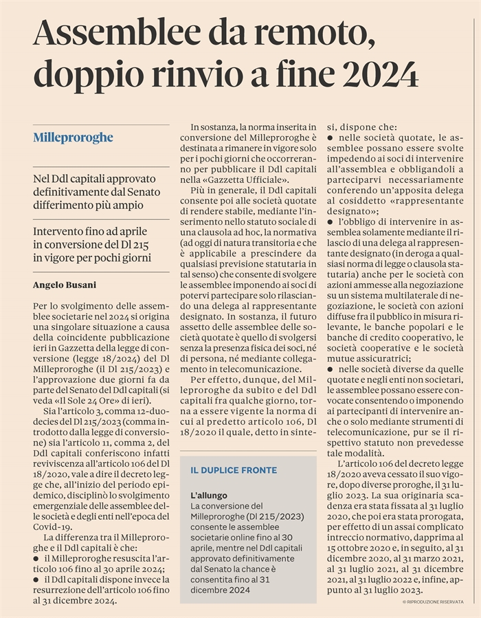 ASSEMBLEE DI SOCIETA' in modalità Covid-19 fino al 31 dicembre 2024