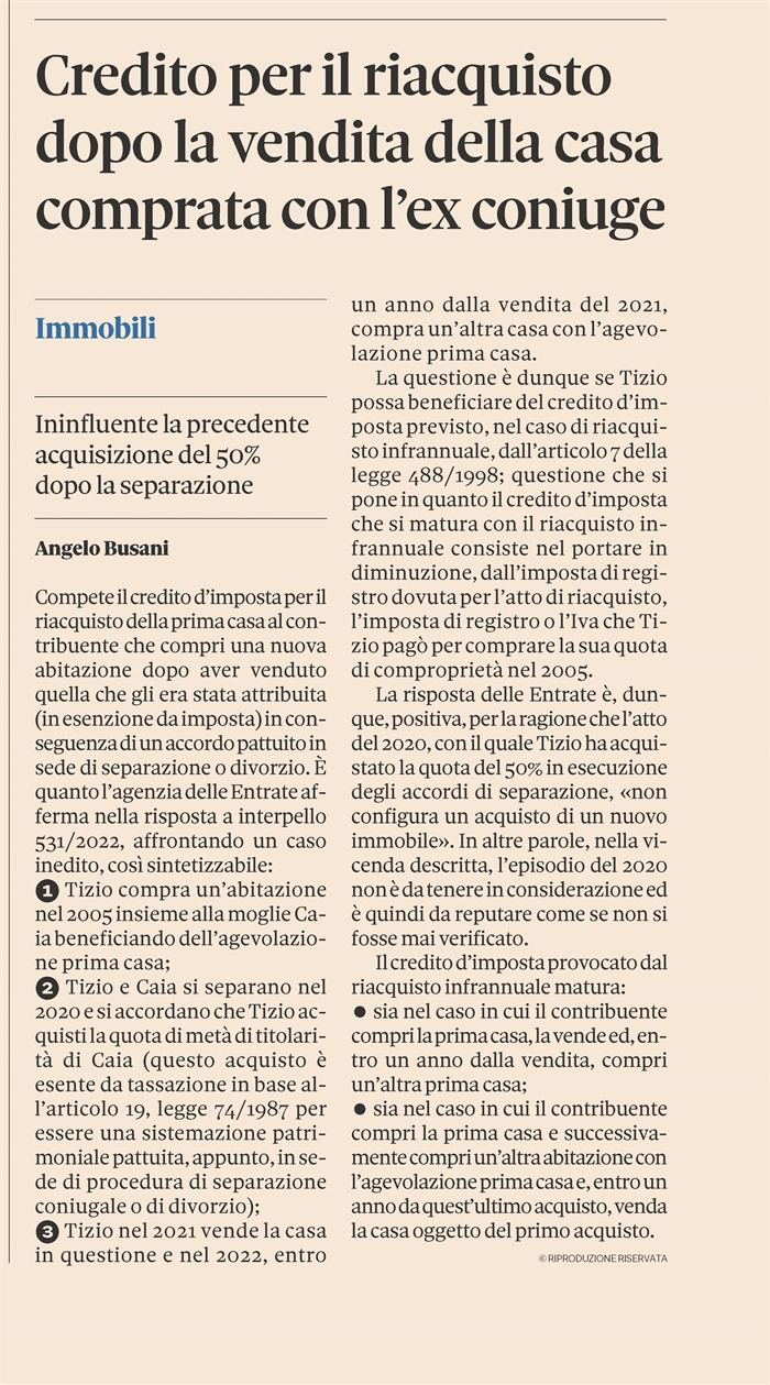 COMPRAVENDITA - Credito d'imposta per il riacquisto della prima casa