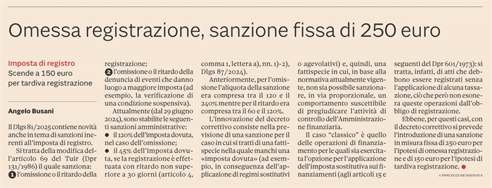 IMPOSTA DI REGISTRO - Nuova sanzione per omessa registrazione