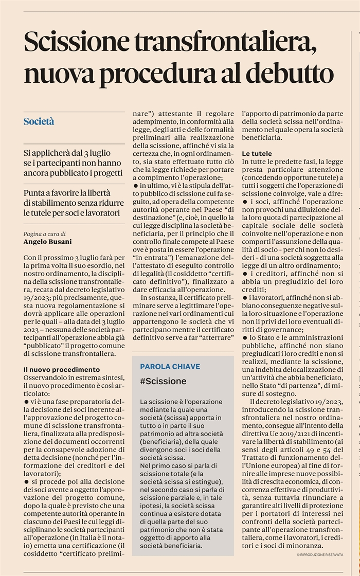 SCISSIONE TRANSFRONTALIERA - Al via dal 3 luglio 2023