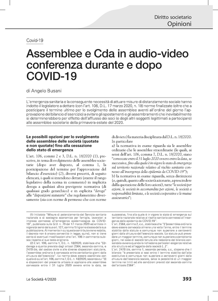 SOCIETA' - Assemblee e CdA durante e dopo l'epidemia da Covid-19