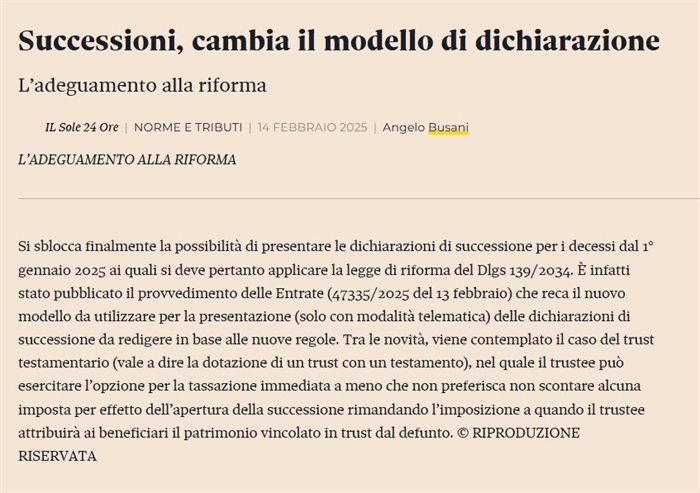 IMPOSTA DI SUCCESSIONE - Emanato il nuovo modello di dichiarazione di successione