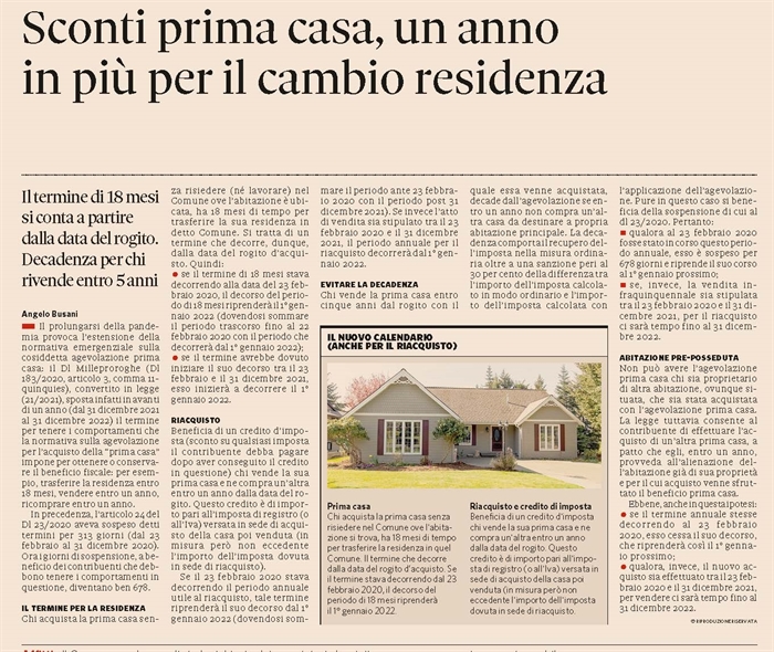 COMPRAVENDITA - Più tempo per l'agevolazione "prima casa" a causa di Covid-19