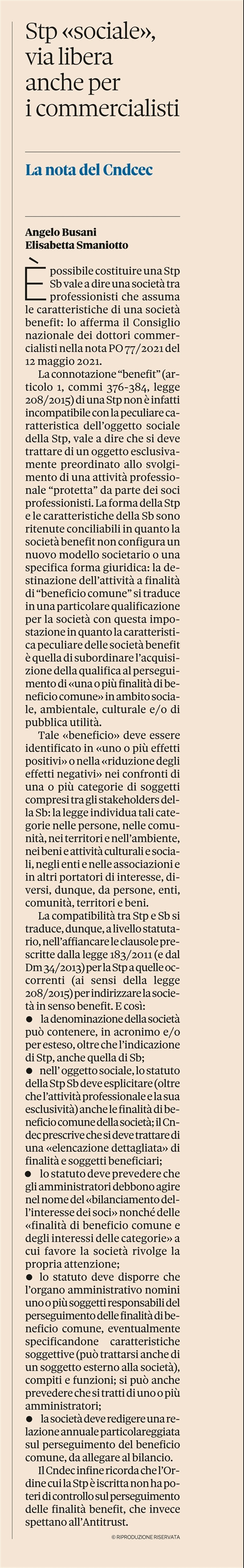 SOCIETA BENEFIT - Possibile anche per STP
