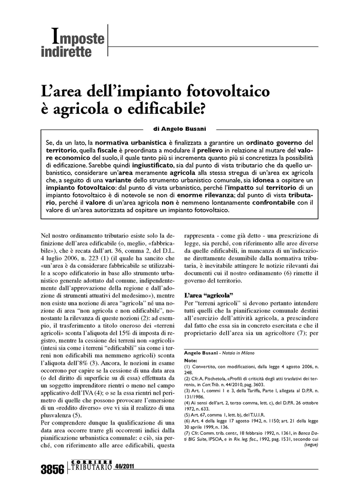 COMPRAVENDITA - Natura agricola o edificabile dell'area destinata a ospitare un impianto fotovoltaico ?