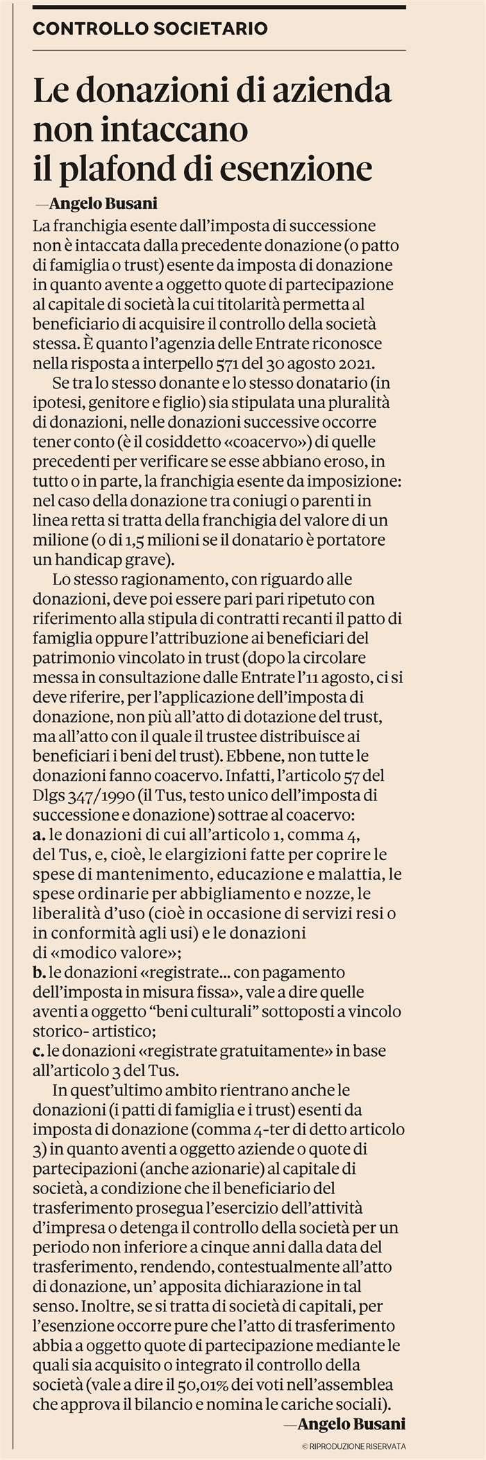 IMPOSTA DI DONAZIONE - Franchigia non intaccata da precedente donazione esente