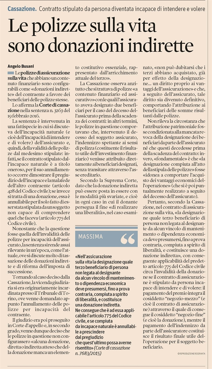 DONAZIONE - La polizza assicurativa è una donazione indiretta
