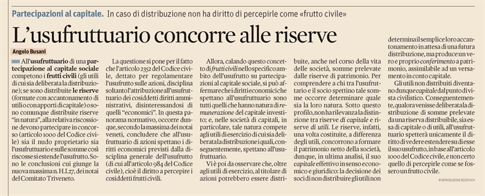 SOCIETA' - Usufrutto e distribuzione di riserve