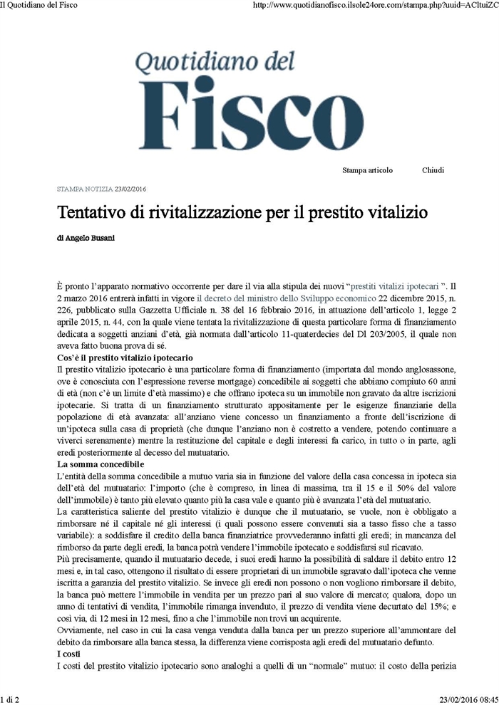 MUTUO - Prestito vitalizio ipotecario