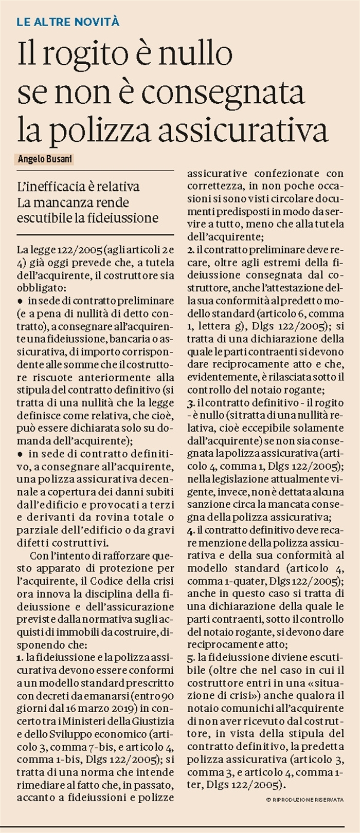 COMPRAVENDITA - La fideiussione e la polizza quando si compra da un'impresa costruttrice