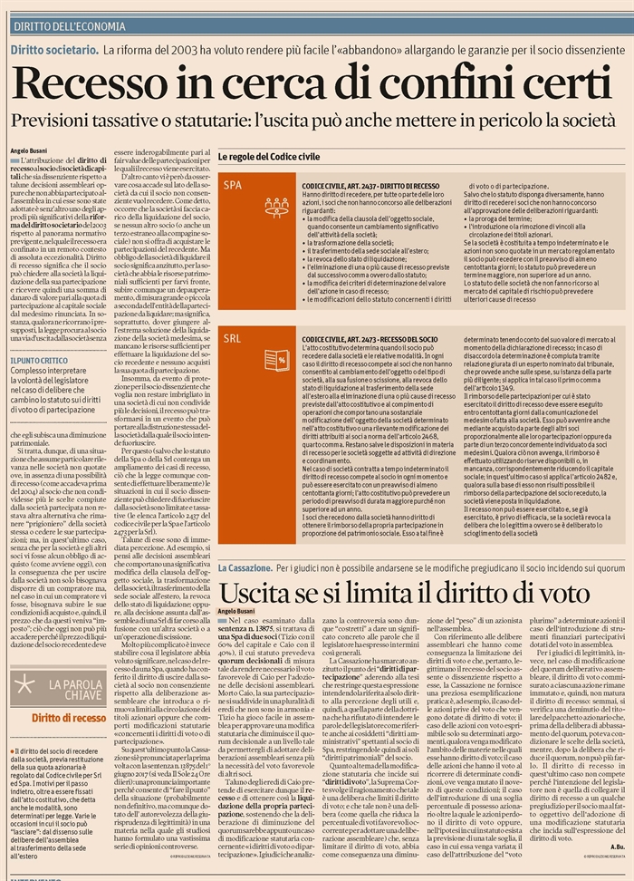 SOCIETA' - Recesso del socio non consenziente