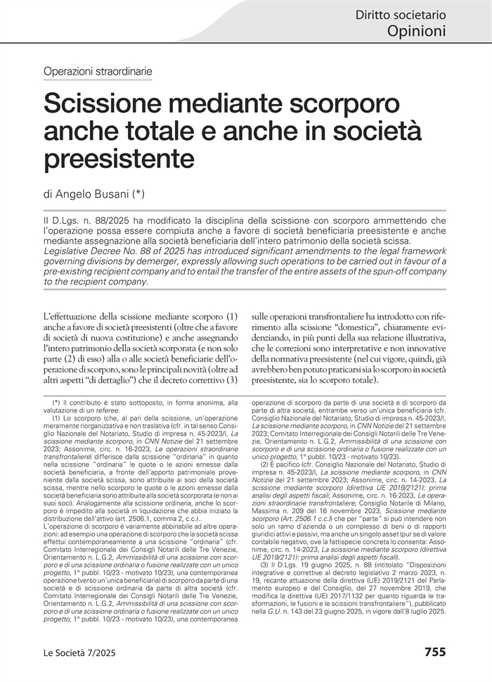 SOCIETA' - Nuove norme per la scissione con scorporo