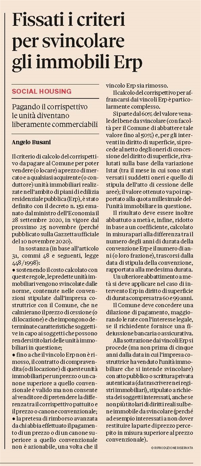 COMPRAVENDITA - Fissato il costo per svincolare gli alloggi ERP