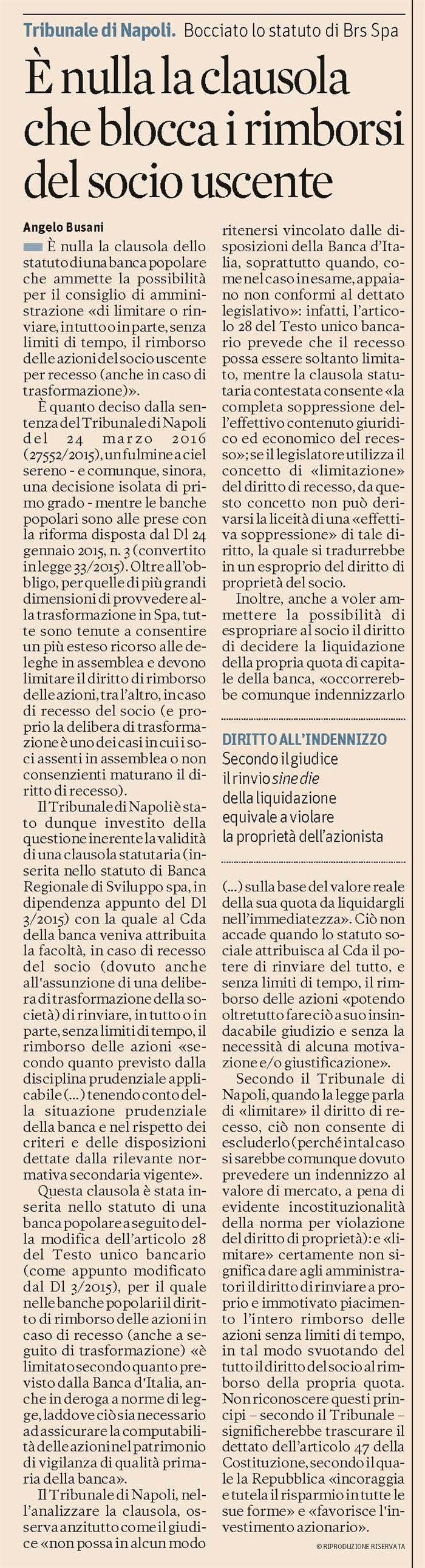 SOCIETA' - Recesso e liquidazione del socio