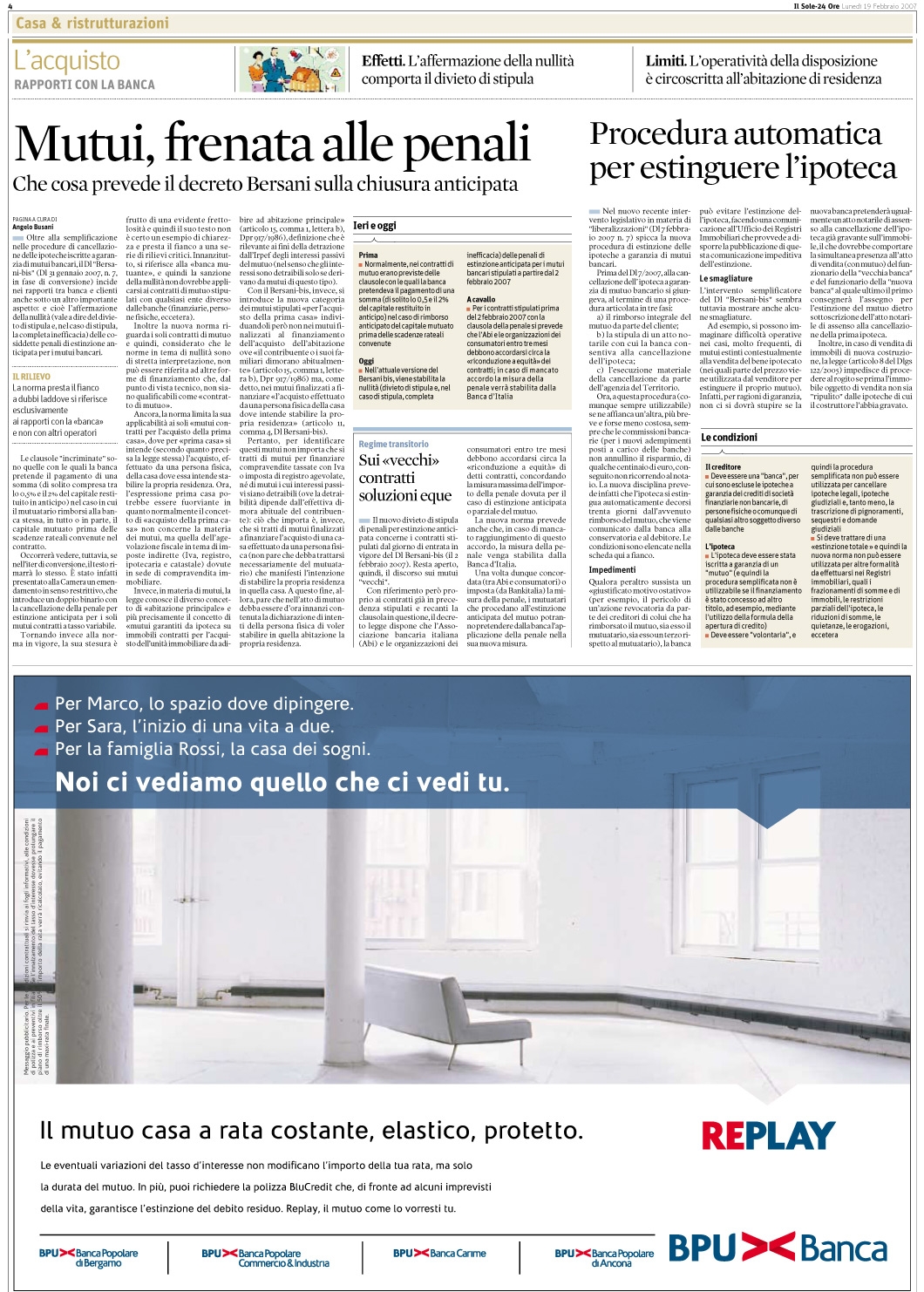 Mutuo Contratti Bancari Applicazione Decreto Bersani