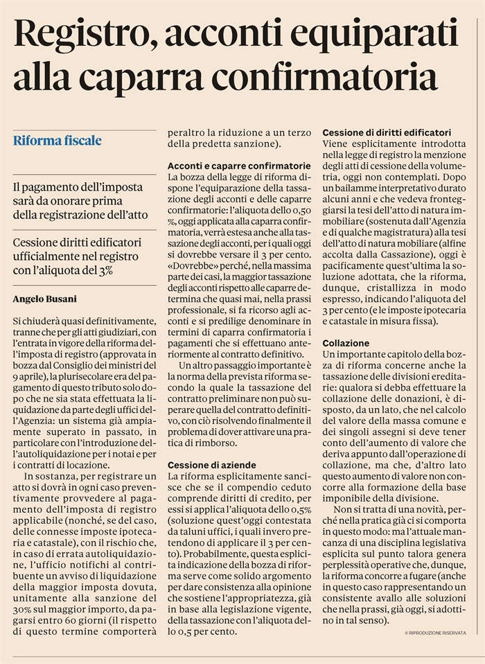 IMPOSTA DI REGISTRO - Con la riforma si passa all'auto-liquidazione