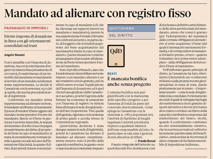 IMPOSTA DI REGISTRO - Mandato ad alienare