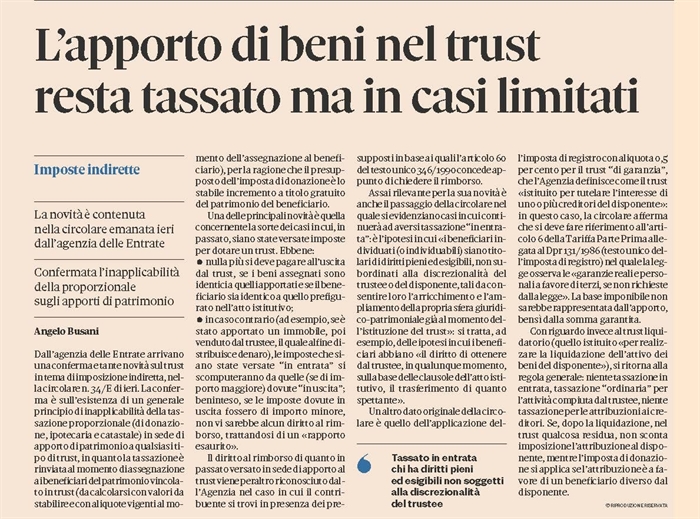 TRUST - Il nuovo orientamento dell'Agenzia delle Entrate sulla tassazione del trust