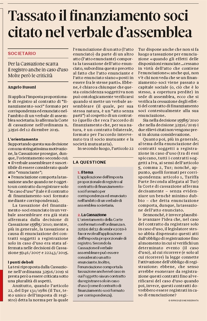 IMPOSTA DI REGISTRO - Tassata l'enunciazione del finanziamento soci nel verbale di assemblea