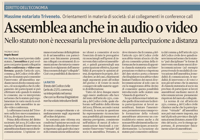 SOCIETA - Assemblea in videoconferenza anche se lo statuto non lo prevede