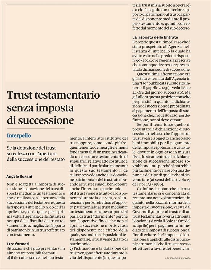TRUST - Niente imposte se istituito con testamento