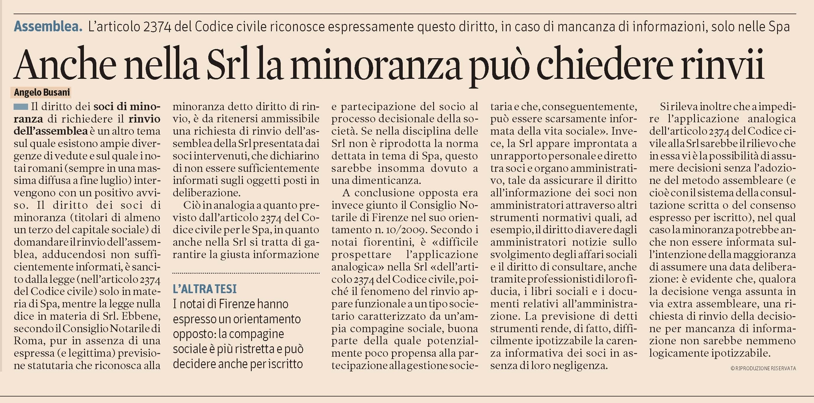 SOCIETA - Diritto di richiedere il rinvio dell'assemblea per ...