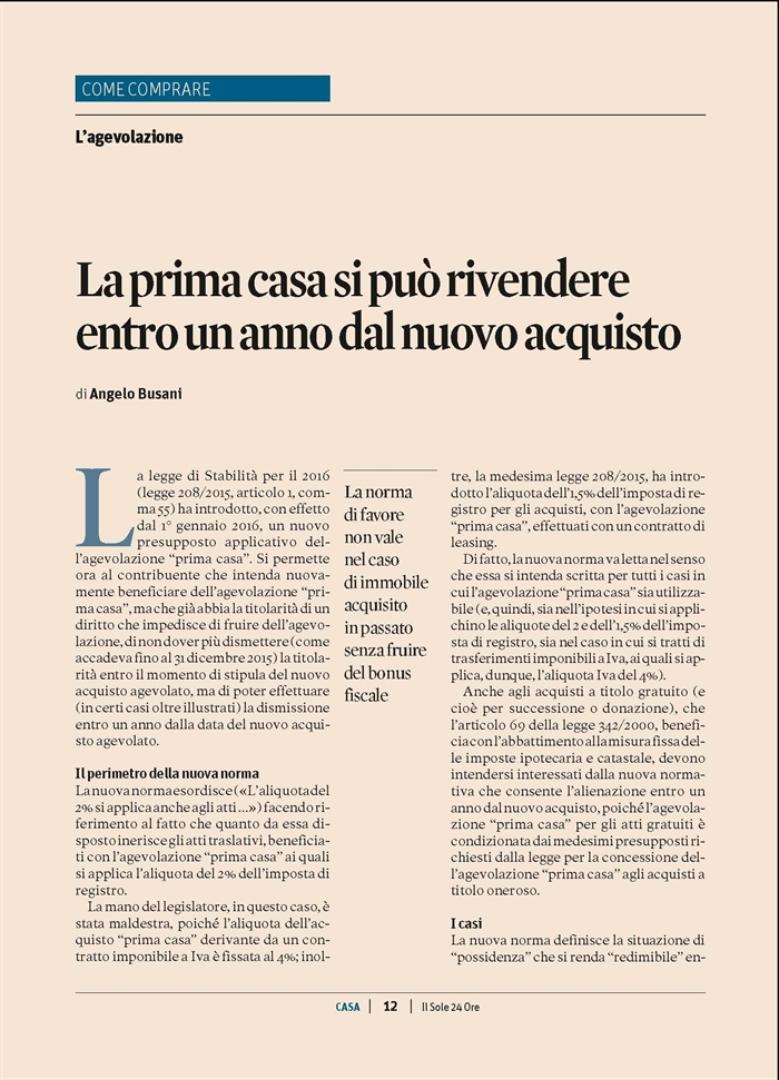 COMPRAVENDITA - Agevolazione "prima casa" - Alienazione della casa preposseduta