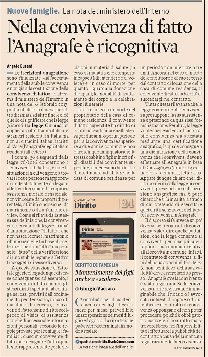 CONVIVENZA - Gli effetti giuridici che derivano da una situazione di convivenza