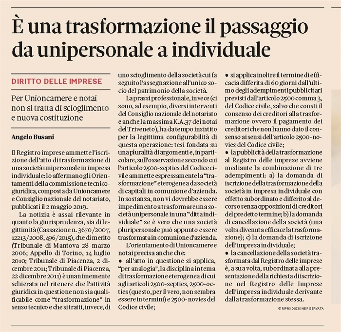 SOCIETA' - Legittimo trasformare la società unipersonale in impresa individuale 