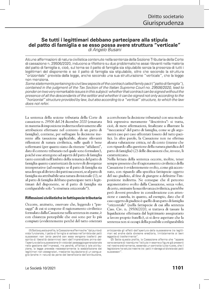 PATTO DI FAMIGLIA - Se possa stipularsi con "struttura verticale" e senza taluno dei legittimari