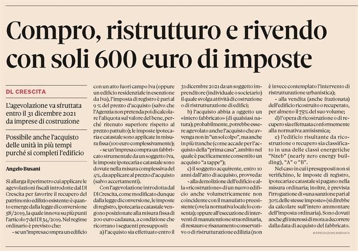 COMPRAVENDITA - Nuove agevolazioni per l'impresa che compra, ristruttura e rivende