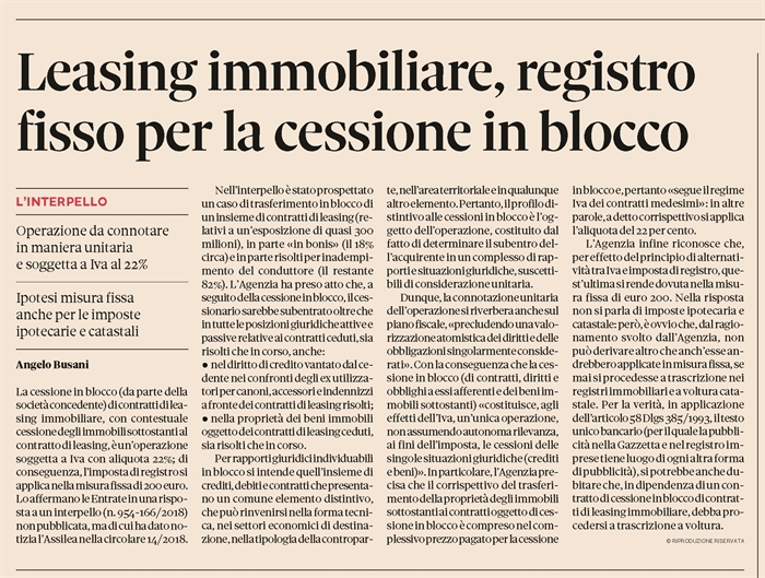 CESSIONE IN BLOCCO DI CONTRATTI DI LEASING IMMOBILIARE - Imposta di registro fissa