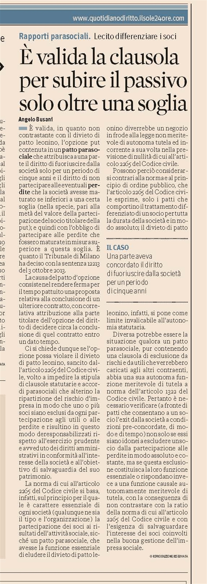 SOCIETA' - Patto leonino e clausola di stop loss