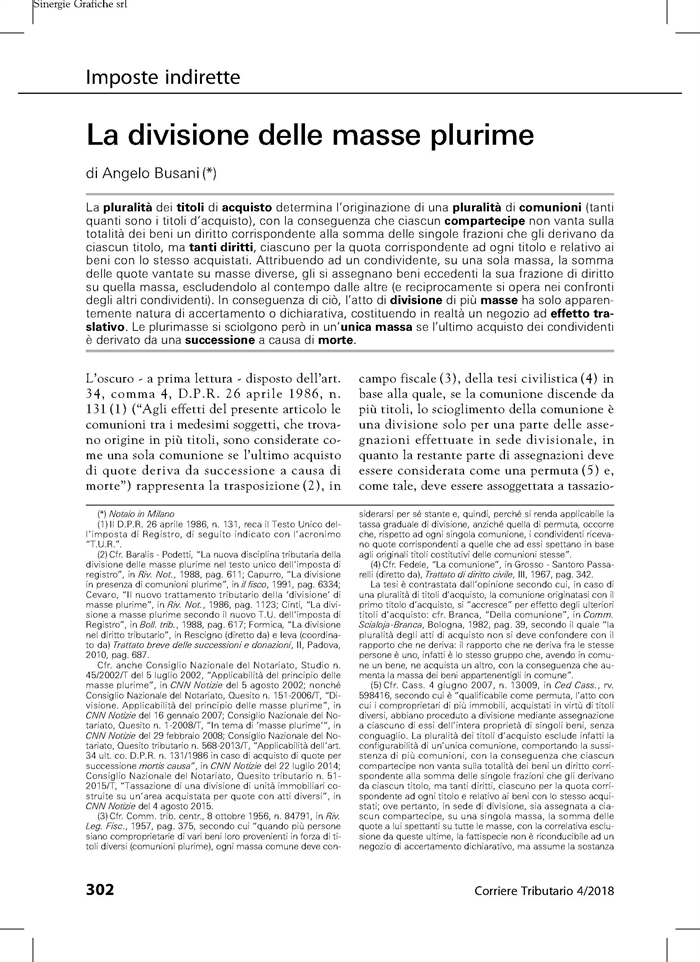 DIVISIONE - Tassazione della divisione di masse plurime