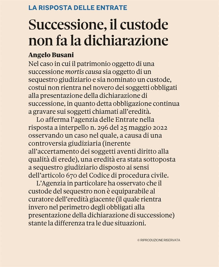 IMPOSTA DI SUCCESSIONE - Quando l'eredità è sotto sequestro giudiziario
