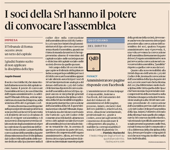 SOCIETA' - I soci di Srl hanno il potere di convocazione dell'assemblea