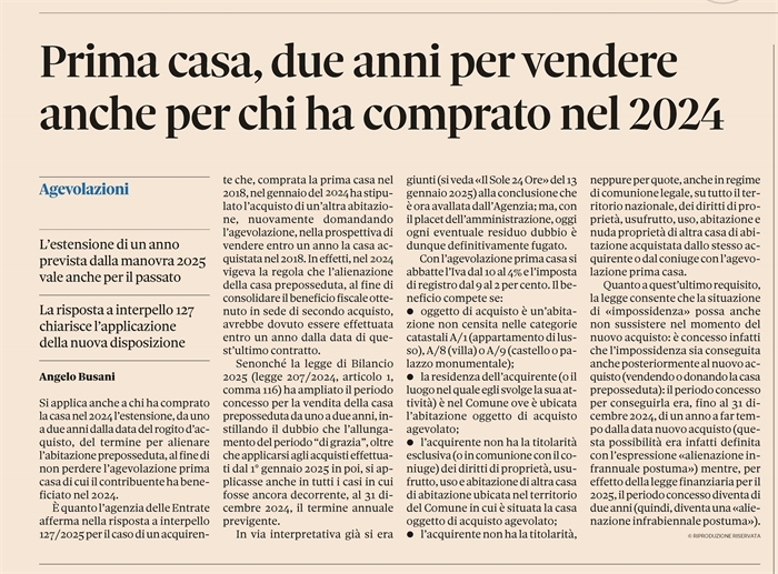 PRIMA CASA - Due anni per vendere l'abitazione preposseduta