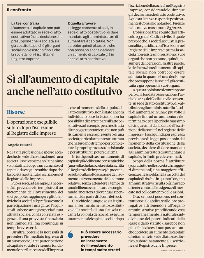 SOCIETA' - Aumento di capitale già in sede di atto costitutivo