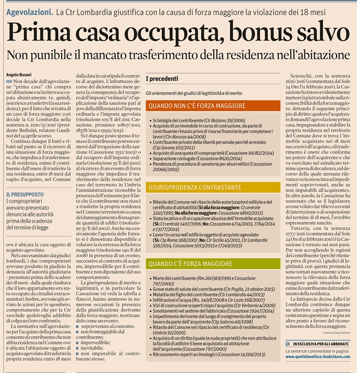 COMPRAVENDITA - Agevolazione "Prima casa" - Acquisto di casa occupata
