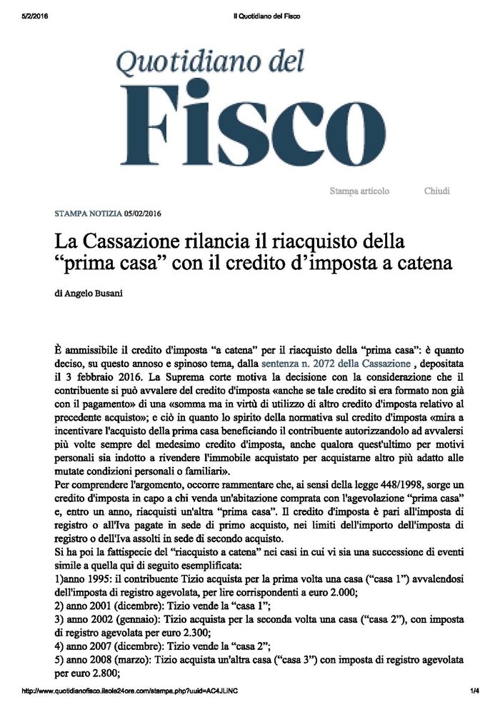 COMPRAVENDITA - Agevolazione "prima casa" - Credito d'imposta