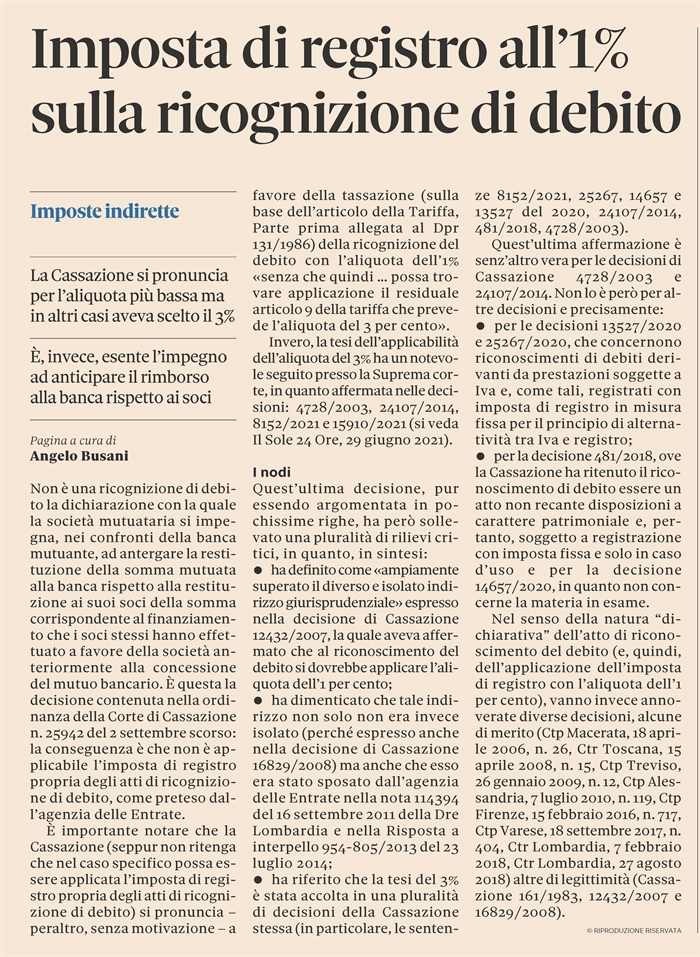 RICOGNIZIONE DI DEBITO - Imposta di registro con aliquota 1%