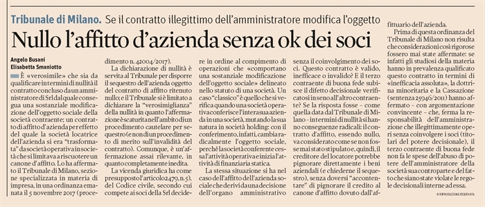 AFFITTO D'AZIENDA - Il contratto è nullo se snatura l'oggetto sociale