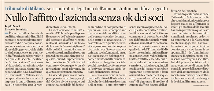 AFFITTO D'AZIENDA - Il contratto è nullo se snatura l'oggetto sociale